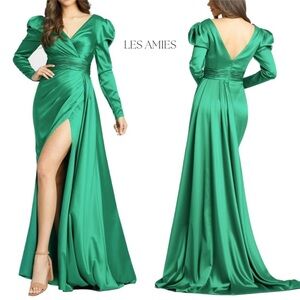 NEW MAC DUGGAL Emerald Long Sleeve A Line Side Slit Gown Long Formal Dress 16